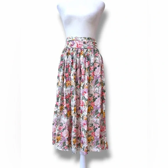Vtg 80s Floral Cottagecore High Waist Floral Midi Skirt With Pockets XS - Picture 5 of 14